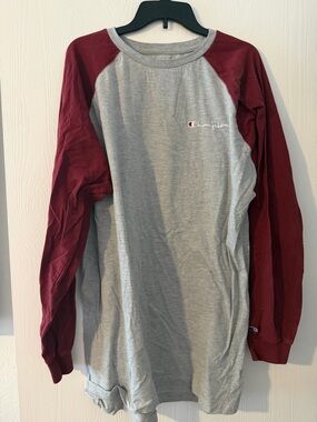 Champion Long Sleeve Raglan Tee in Gray and Maroon